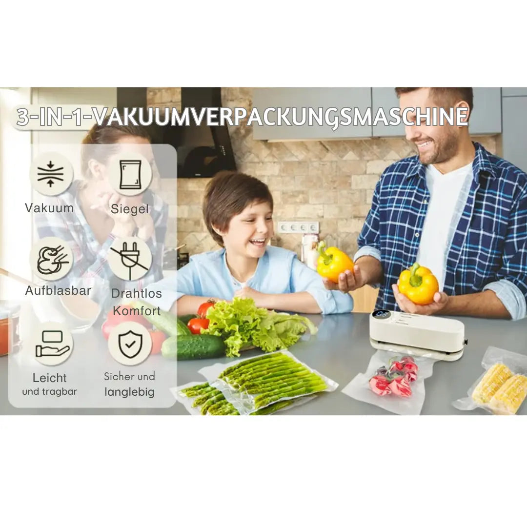 Happy family using 3-in-1 vacuum sealer in modern kitchen with vegetables