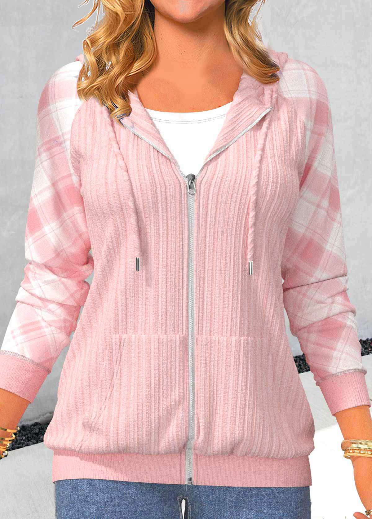 Hellrosa Hoodie Mit Patchwork-Karomuster Für Frauen