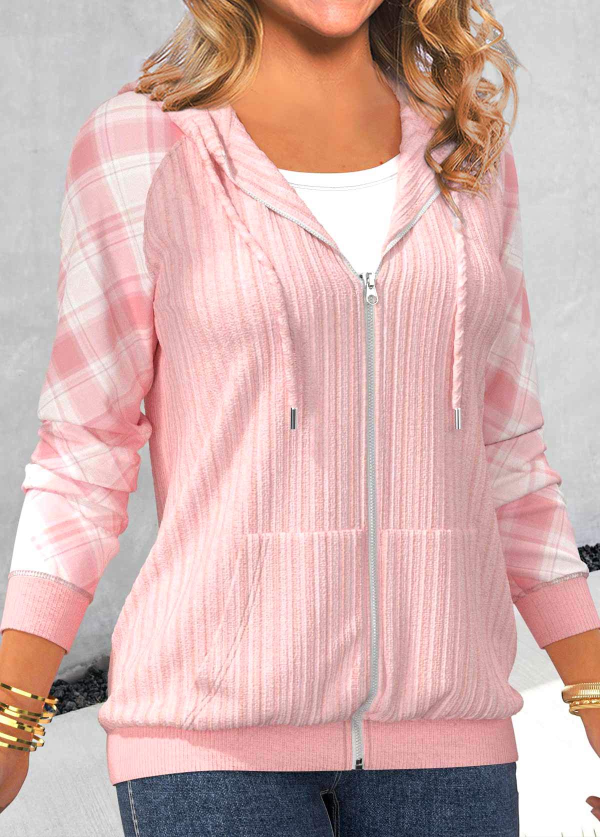 Hellrosa Hoodie Mit Patchwork-Karomuster Für Frauen