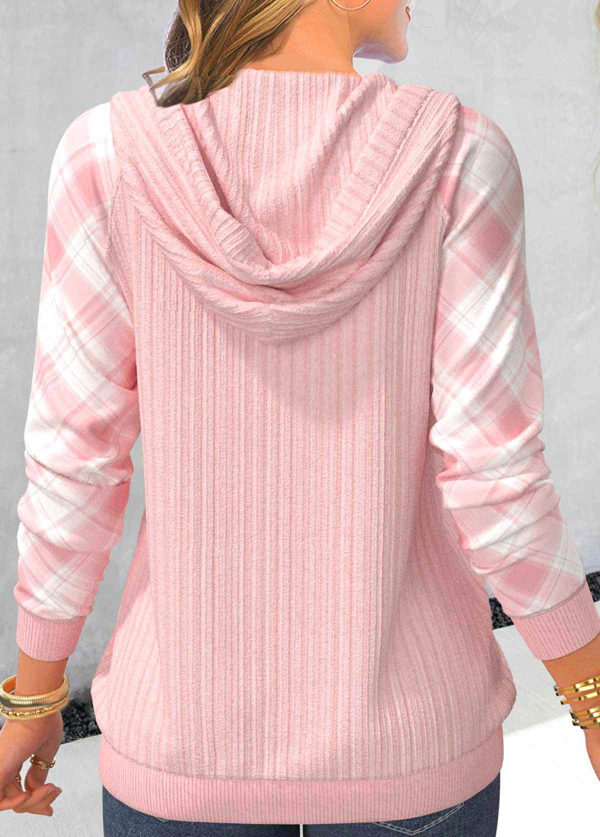 Hellrosa Hoodie Mit Patchwork-Karomuster Für Frauen