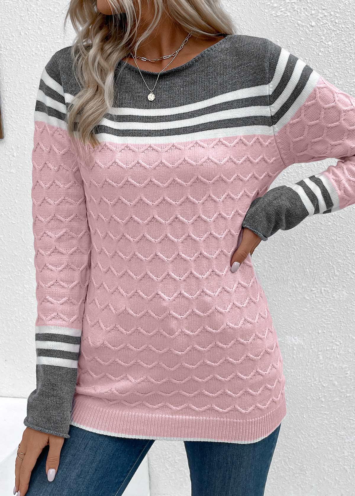 Patchwork-Pullover In Pink Mit Rundhals Und Langarm Für Frauen