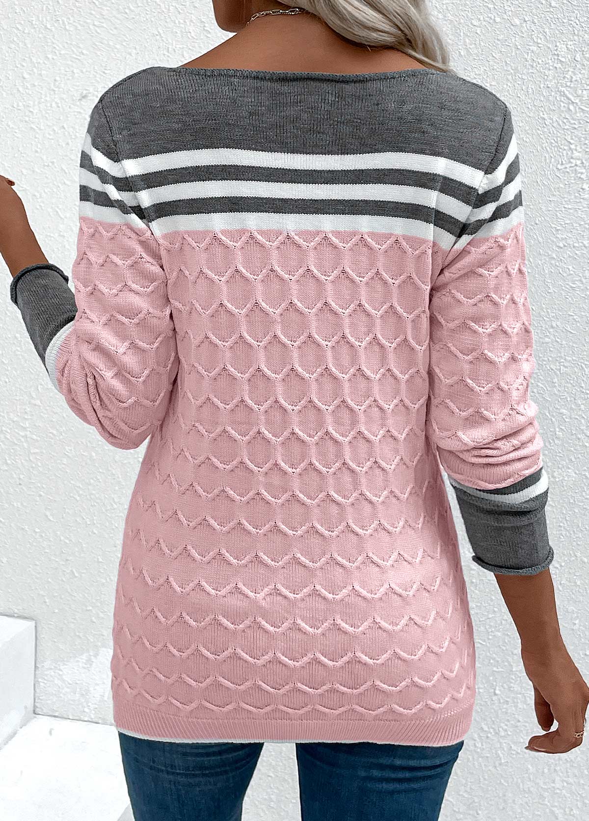 Patchwork-Pullover In Pink Mit Rundhals Und Langarm Für Frauen