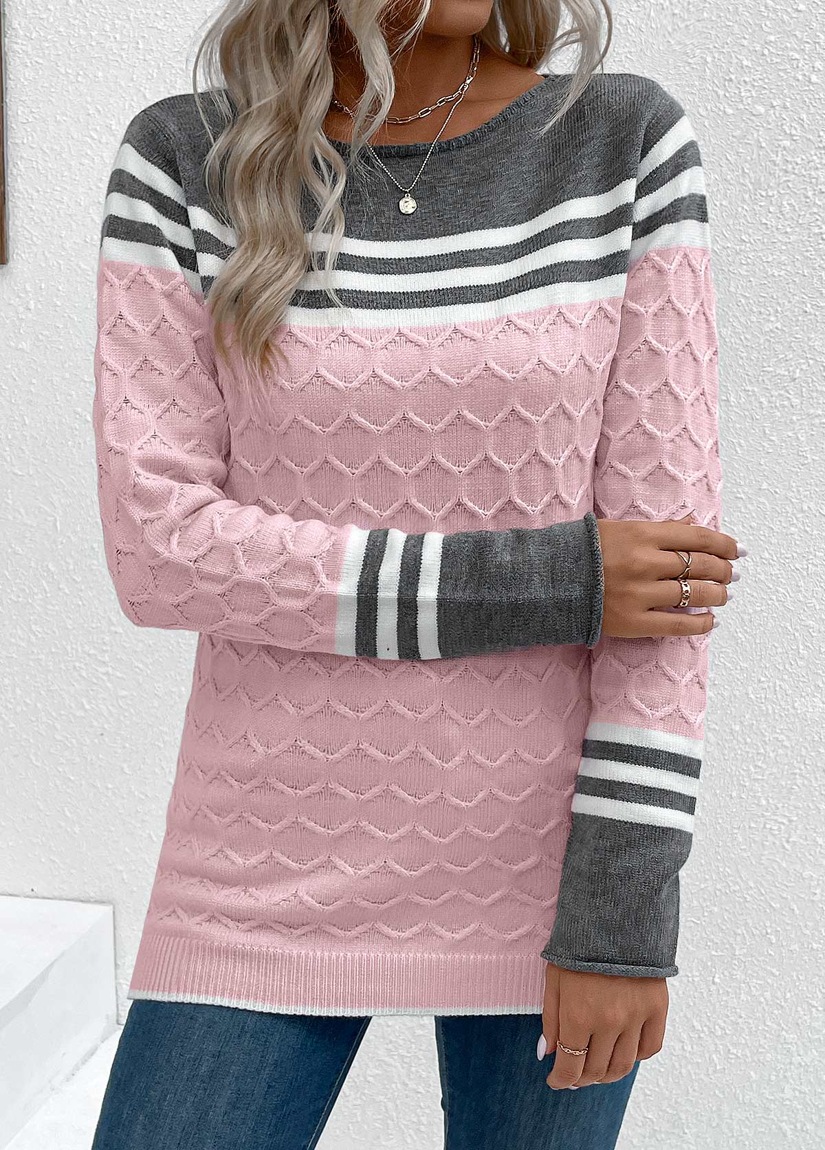 Patchwork-Pullover In Pink Mit Rundhals Und Langarm Für Frauen