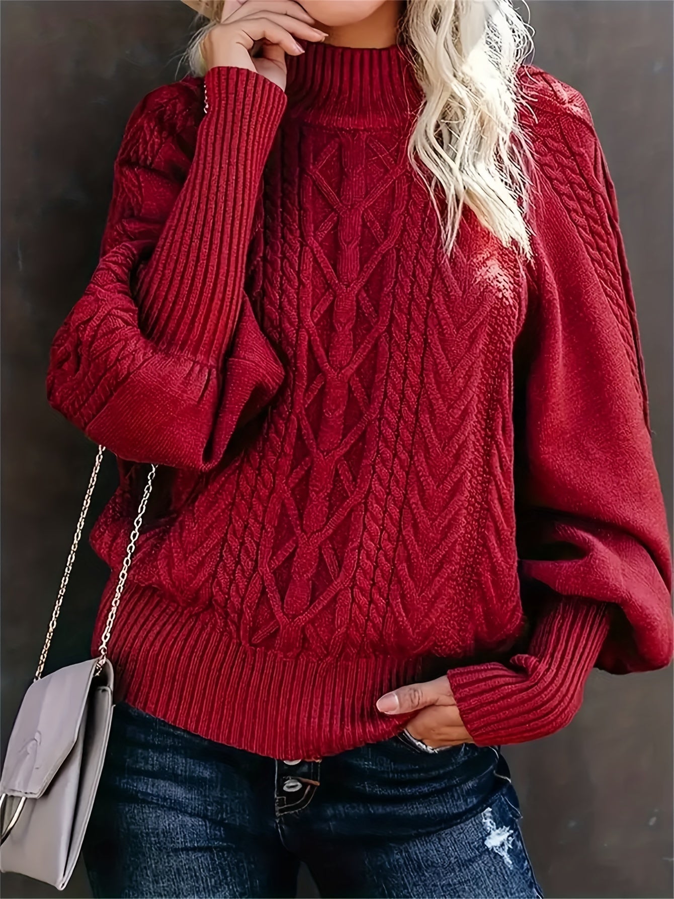 Rollkragenpullover Mit Zopfmuster Und Laternenärmeln Für Frauen