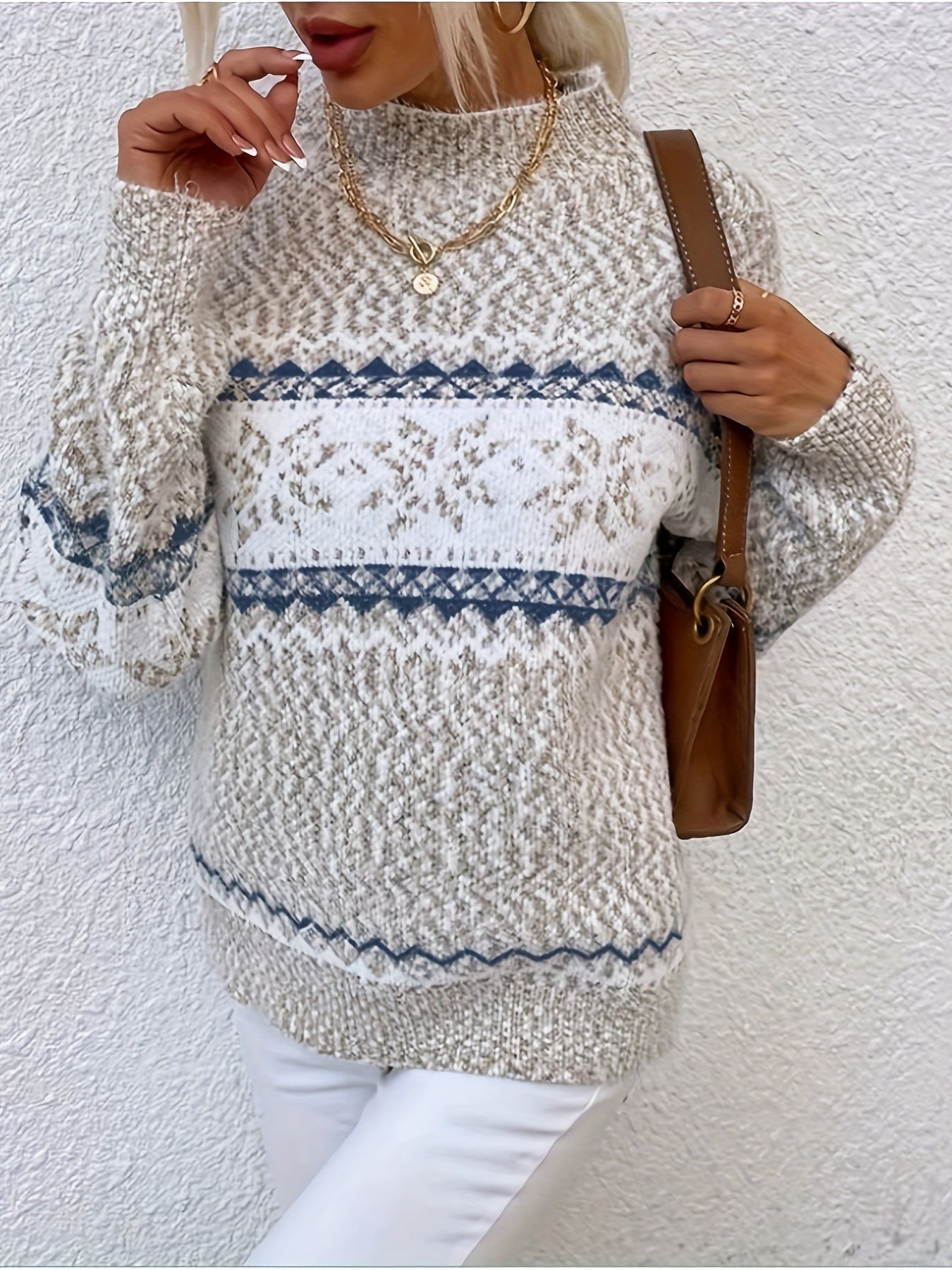 Gemütlicher Schneeflocken-Pullover Mit Stehkragen Für Frauen