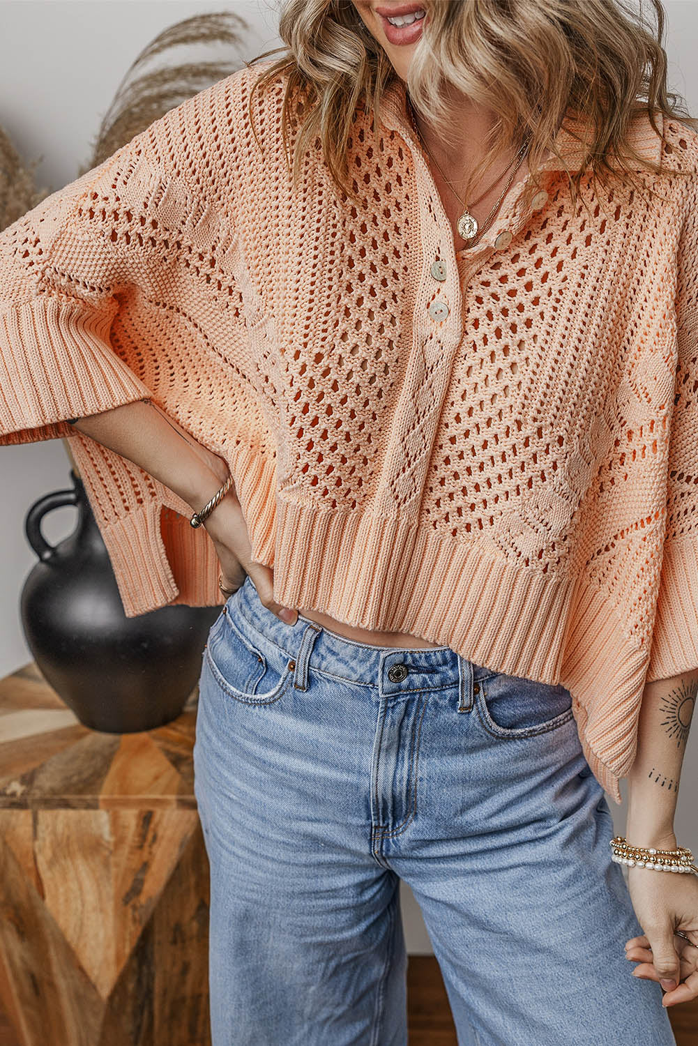 Leichter Strickpullover in Rosa mit Hohlsaum Für Frauen