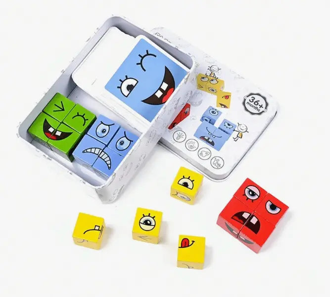 Geöffnete 3D-Gesichtspuzzle Box mit bunten Würfeln und Gesichtskarten Lernspielzeug