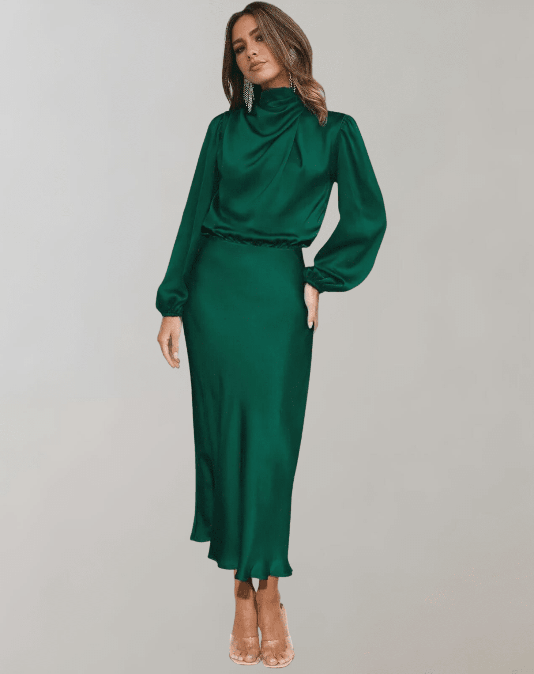 Elegantes Satinkleid Mit Langen Ärmeln Für Frauen
