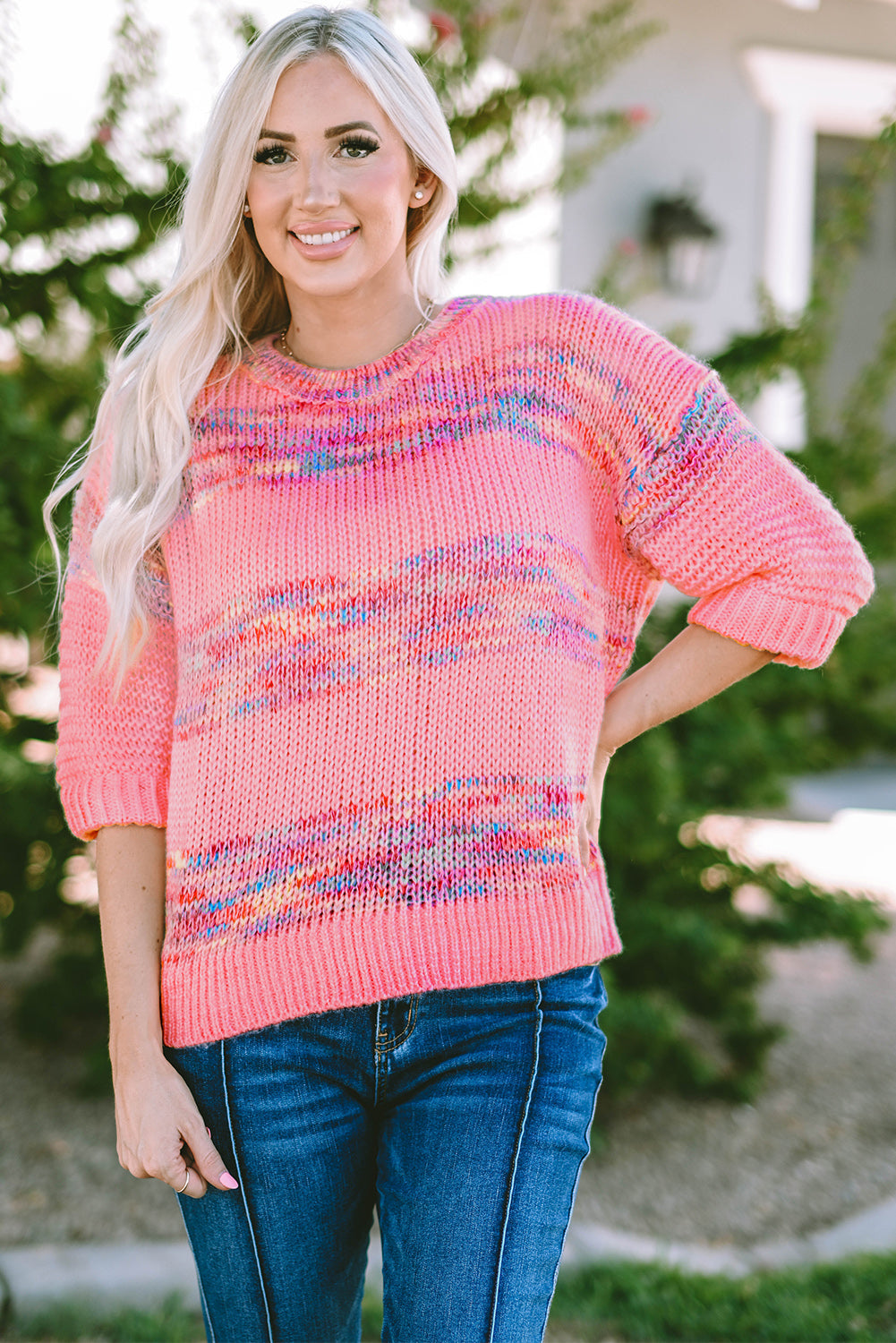 Rosa Pullover Mit Bunten Streifen Und 3/4-Ärmeln Für Frauen