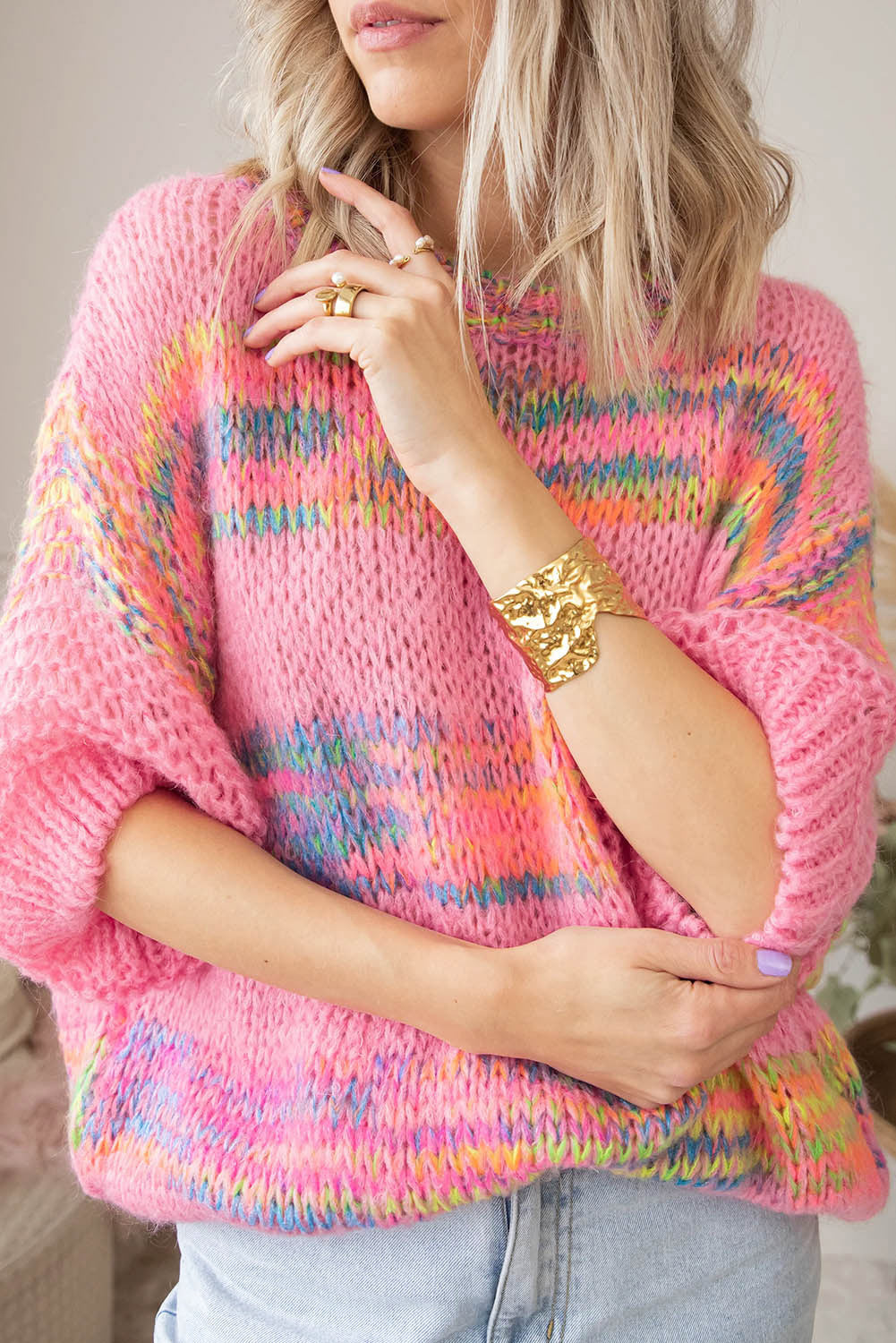 Rosa Pullover Mit Bunten Streifen Und 3/4-Ärmeln Für Frauen