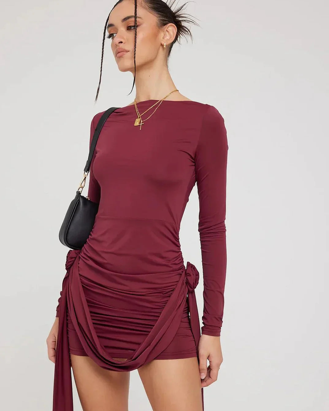 Elegantes Minikleid Mit Bootsausschnitt In Granatrot Für Frauen
