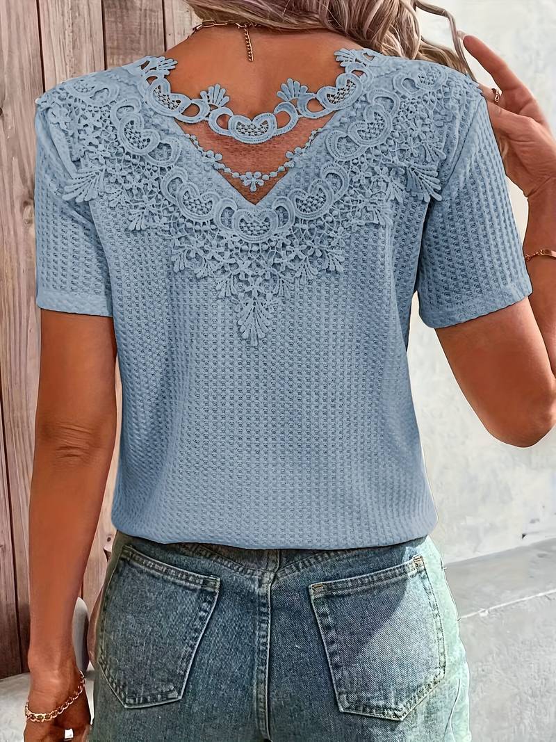 T Shirt aus kontrastierender Spitze mit Rundhalsausschnitt für Frauen
