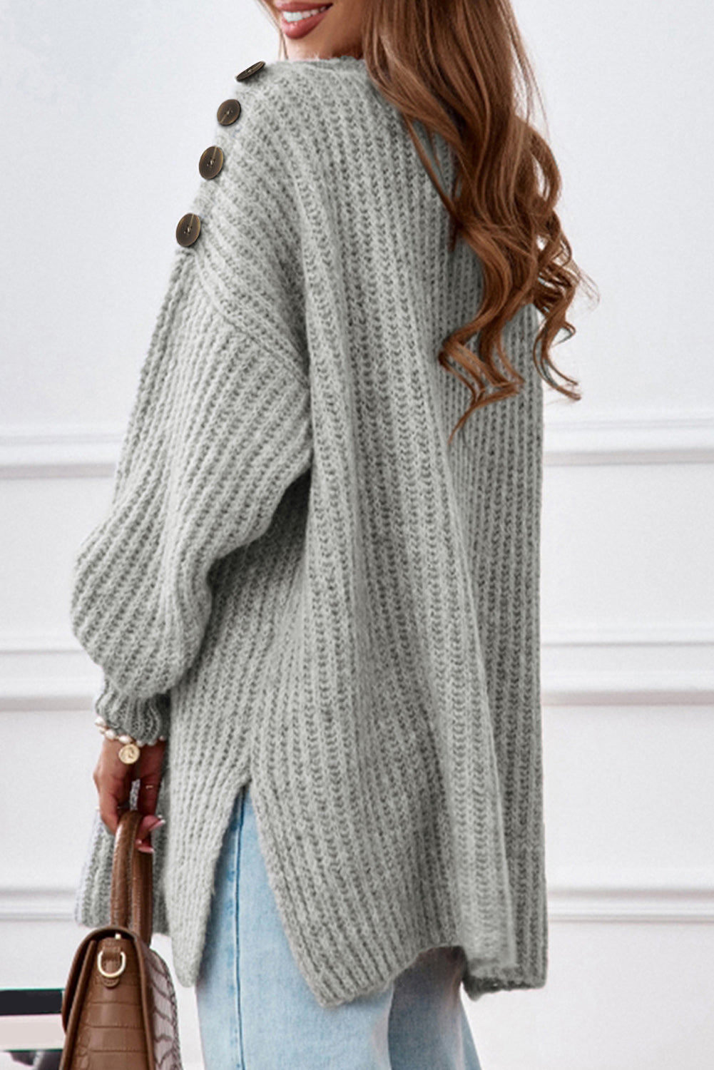Grauer Oversize-Pullover Mit Überschnittenen Schultern Für Frauen