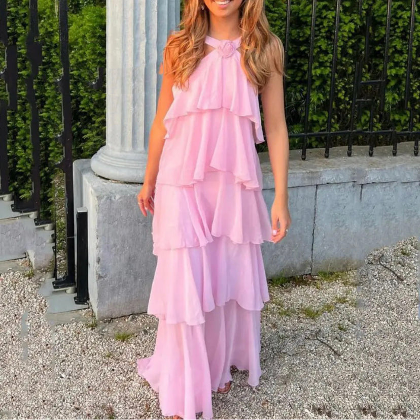 Maxikleid Mit Halterneck Und Geschichteten Rüschen Für Frauen