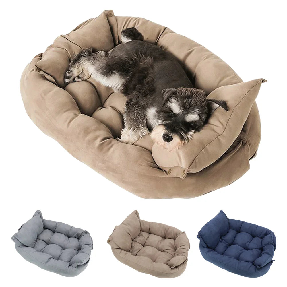 Puppies sleeping in 3-in-1 Haustierbett with color options displayed