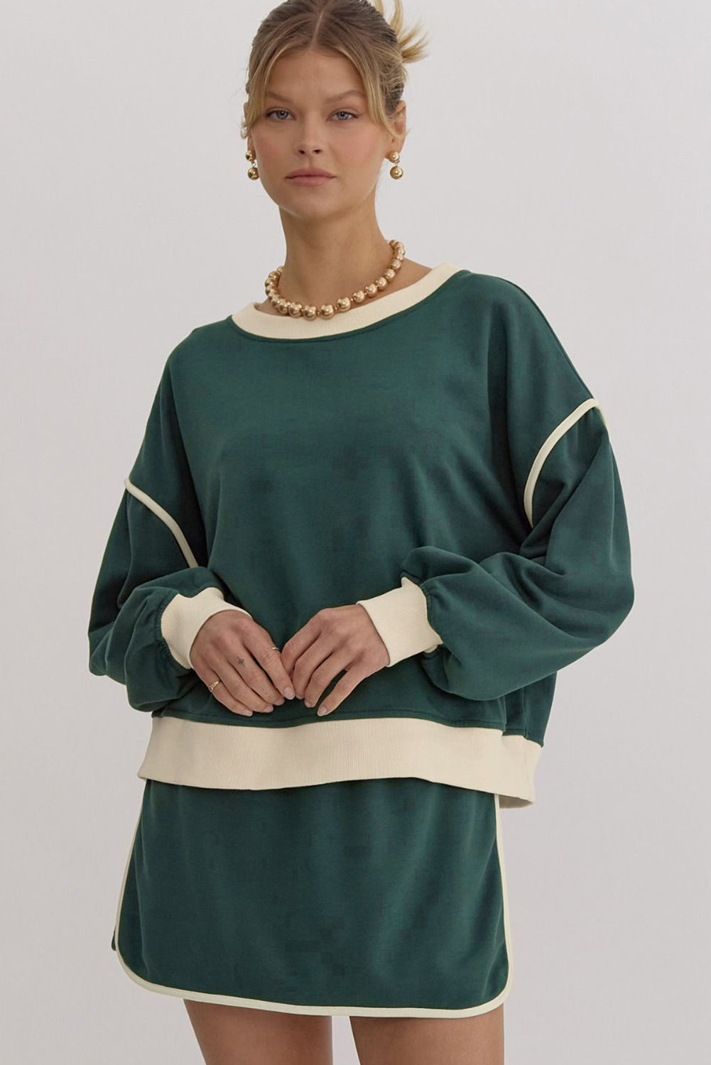 Klassisches Farbkontrast-Pullover & Rock-Shorts-Set Für Frauen