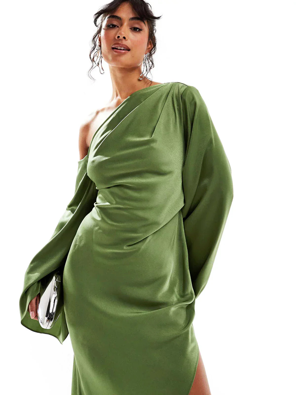 Fließendes Grünes Asymmetrisches Kleid Für Frauen