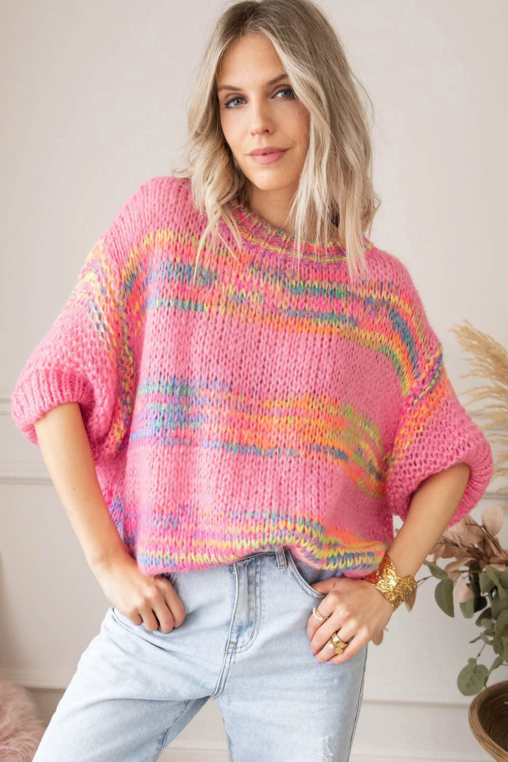 Rosa Pullover Mit Bunten Streifen Und 3/4-Ärmeln Für Frauen