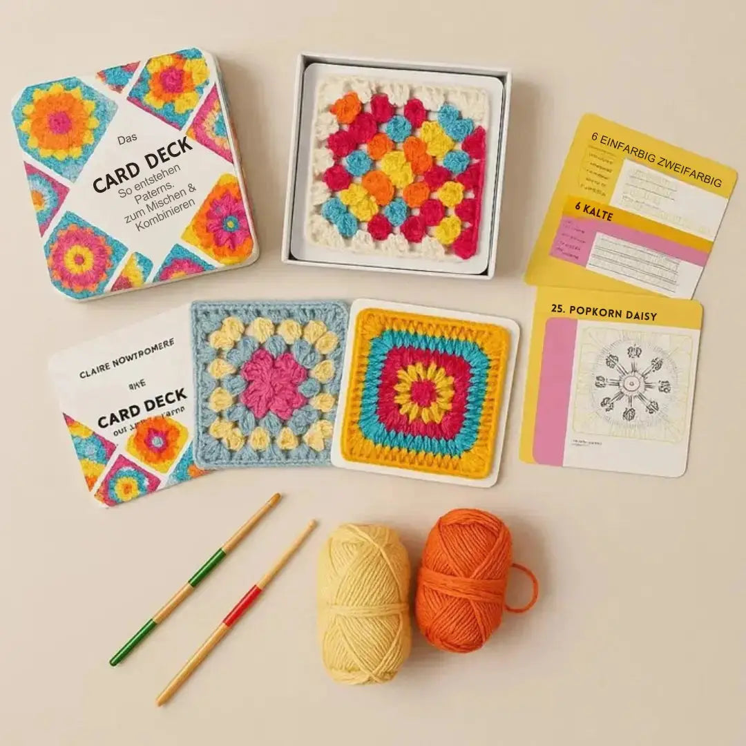 50 Häkelkarten mit bunten Mustern card deck with granny squares and crochet supplies