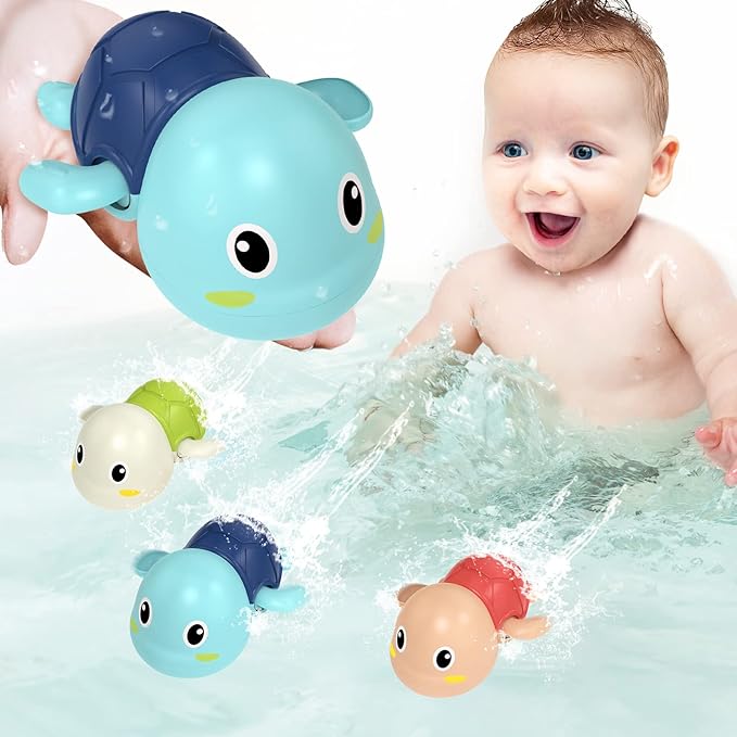 Baby enjoying bath with colorful Aufzieh-Schwimmschildkröten Badespielzeug swimming in water