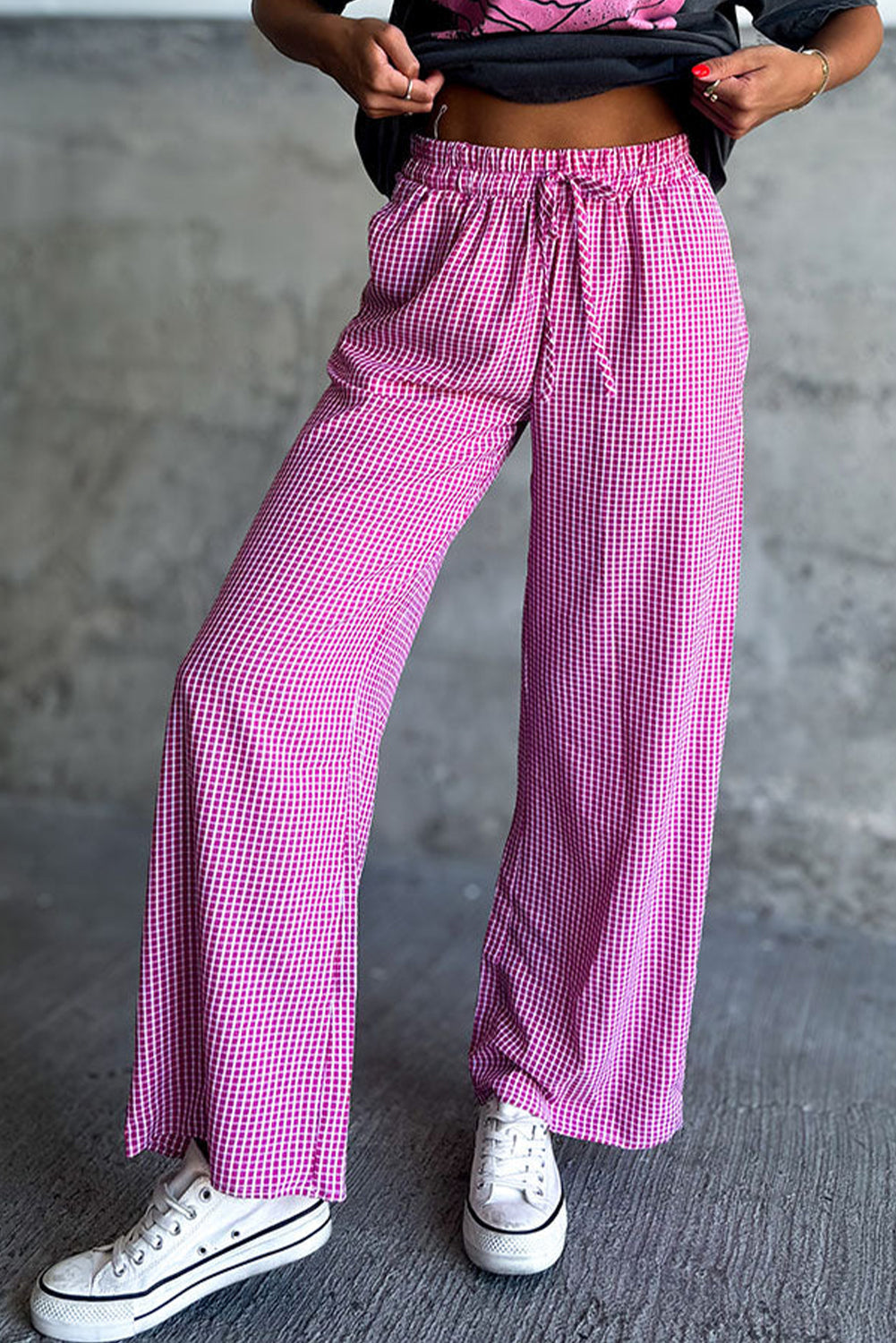 Rosa Karierte Hose mit High Waist Für Frauen