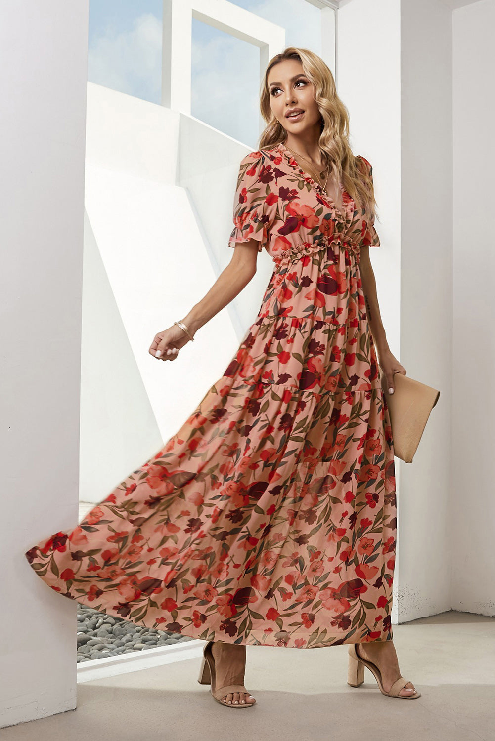 Emsira | Florales V-Ausschnitt-Kleid mit Volantärmeln