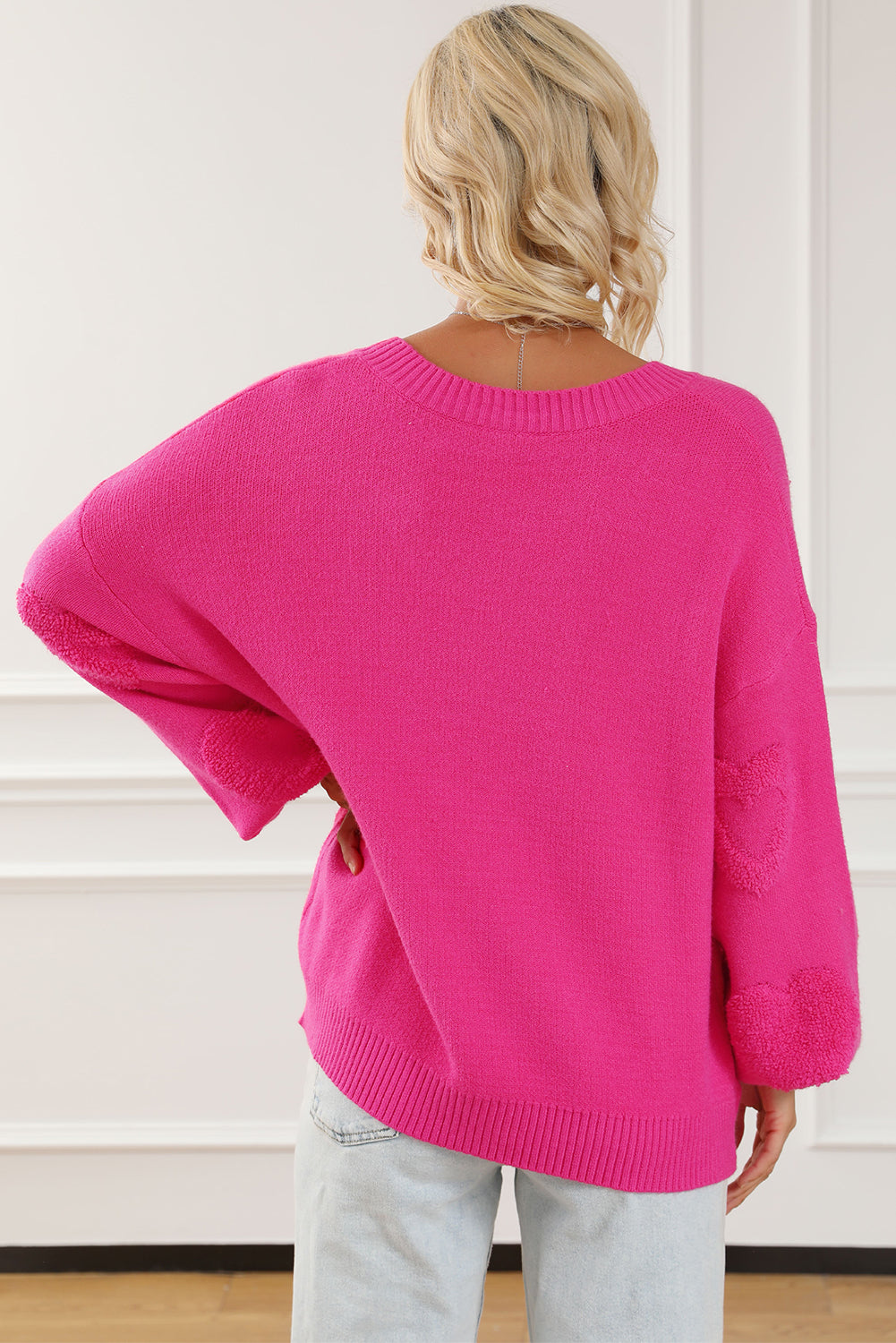 Rosa Strickpullover mit Perlenherz Details für Frauen