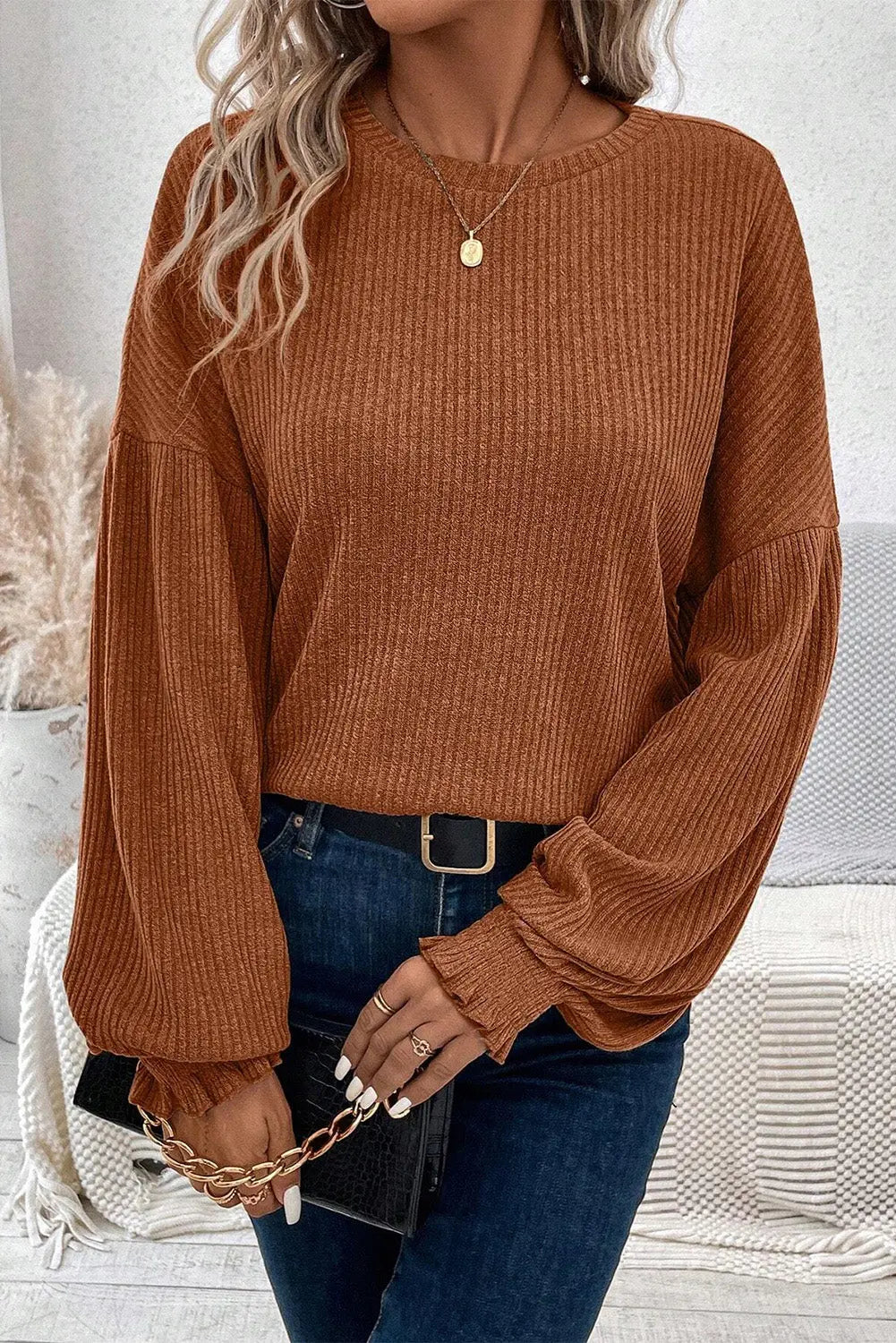 Eleganter Gerippter Strickpullover Für Frauen