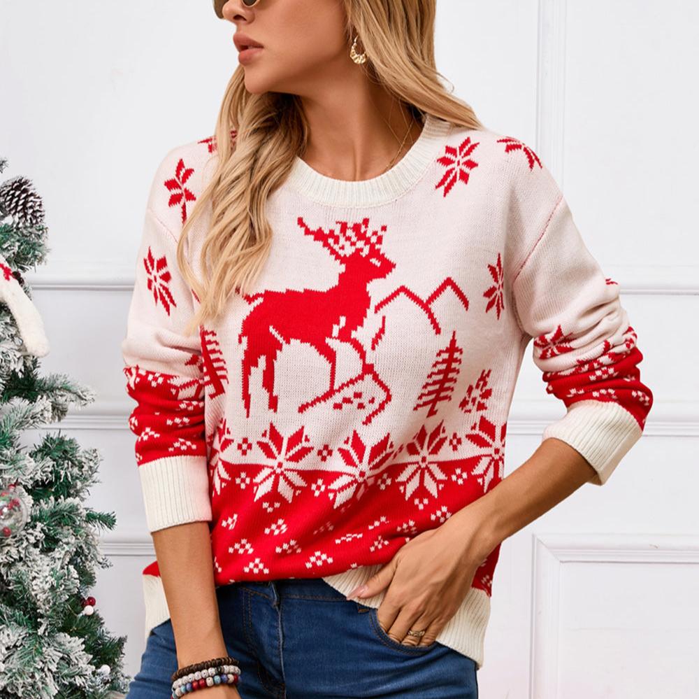 Festlicher Strickpullover Mit Hirschmuster Für Frauen