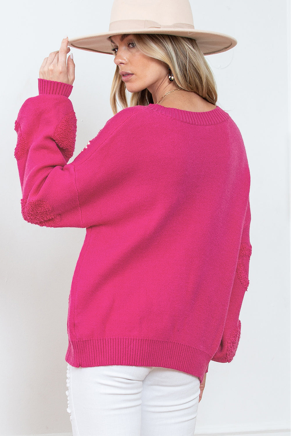 Rosa Strickpullover mit Perlenherz Details für Frauen