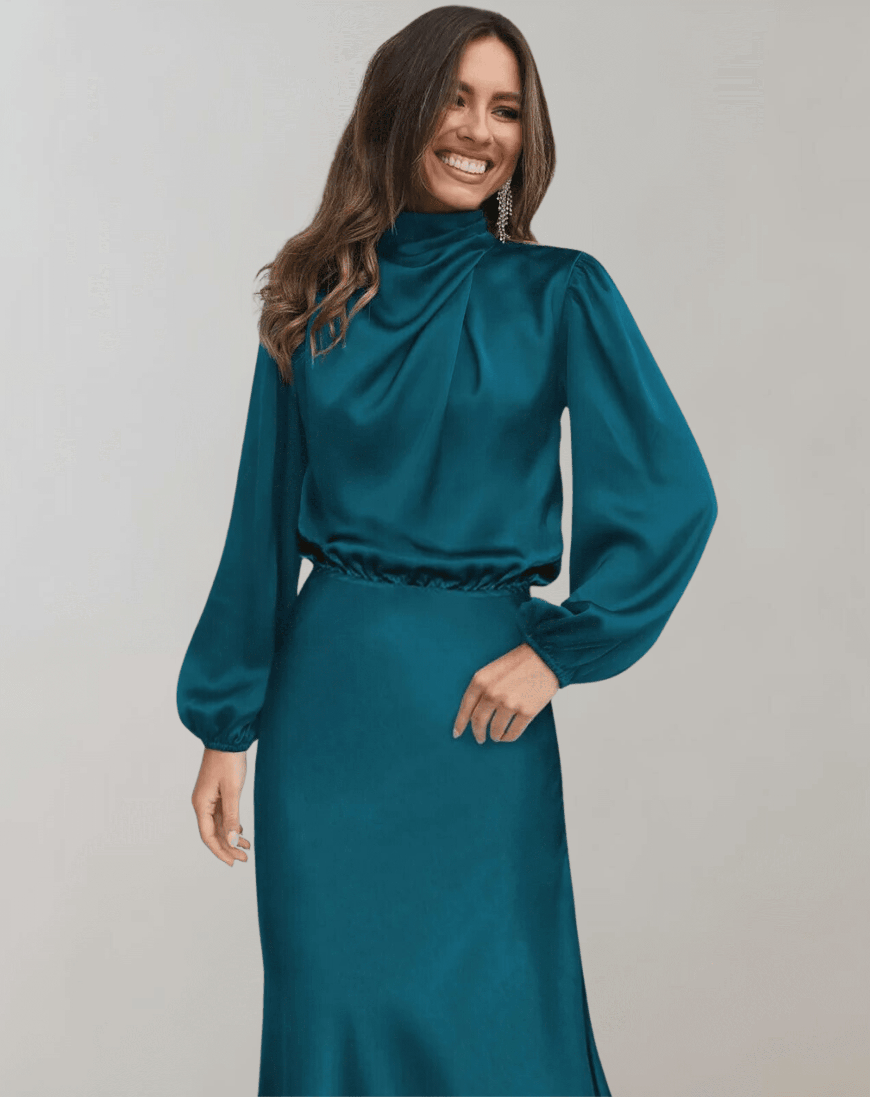 Elegantes Satinkleid Mit Langen Ärmeln Für Frauen