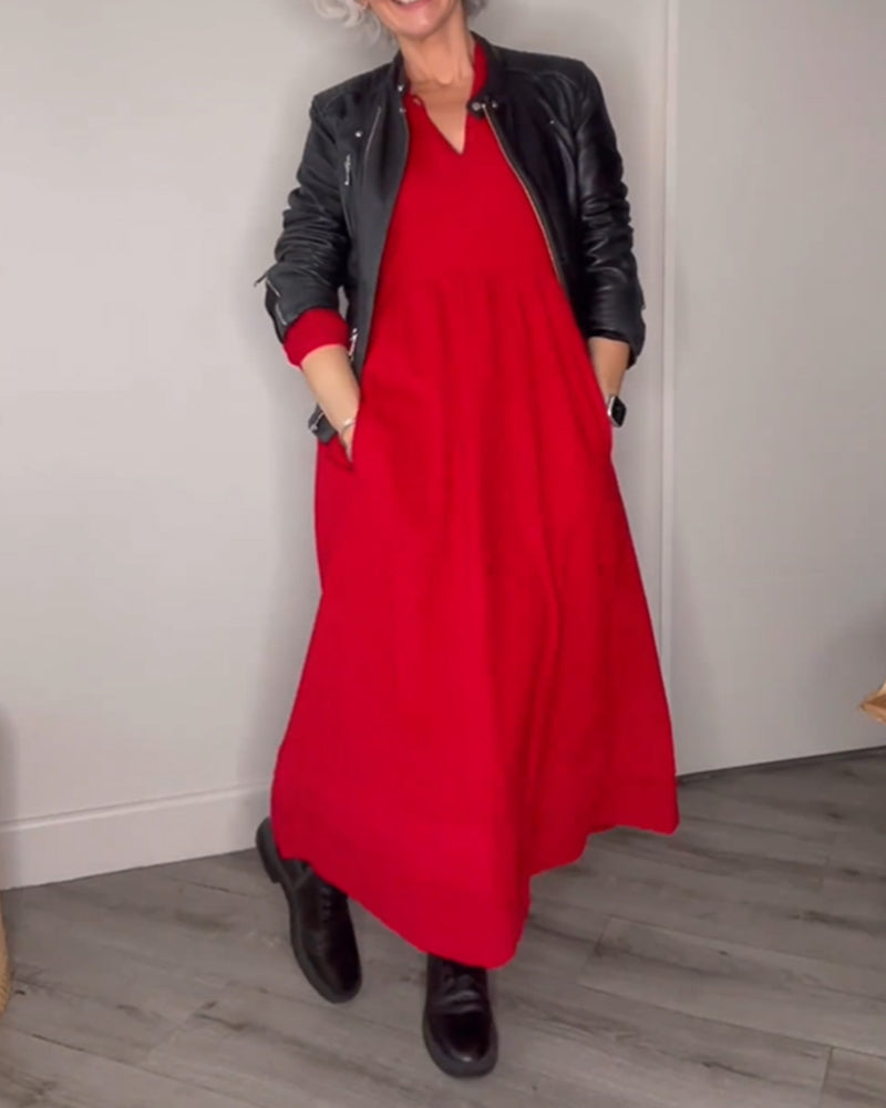 Allyana |  Elegantes langes Kleid mit V-Ausschnitt und Taschen
