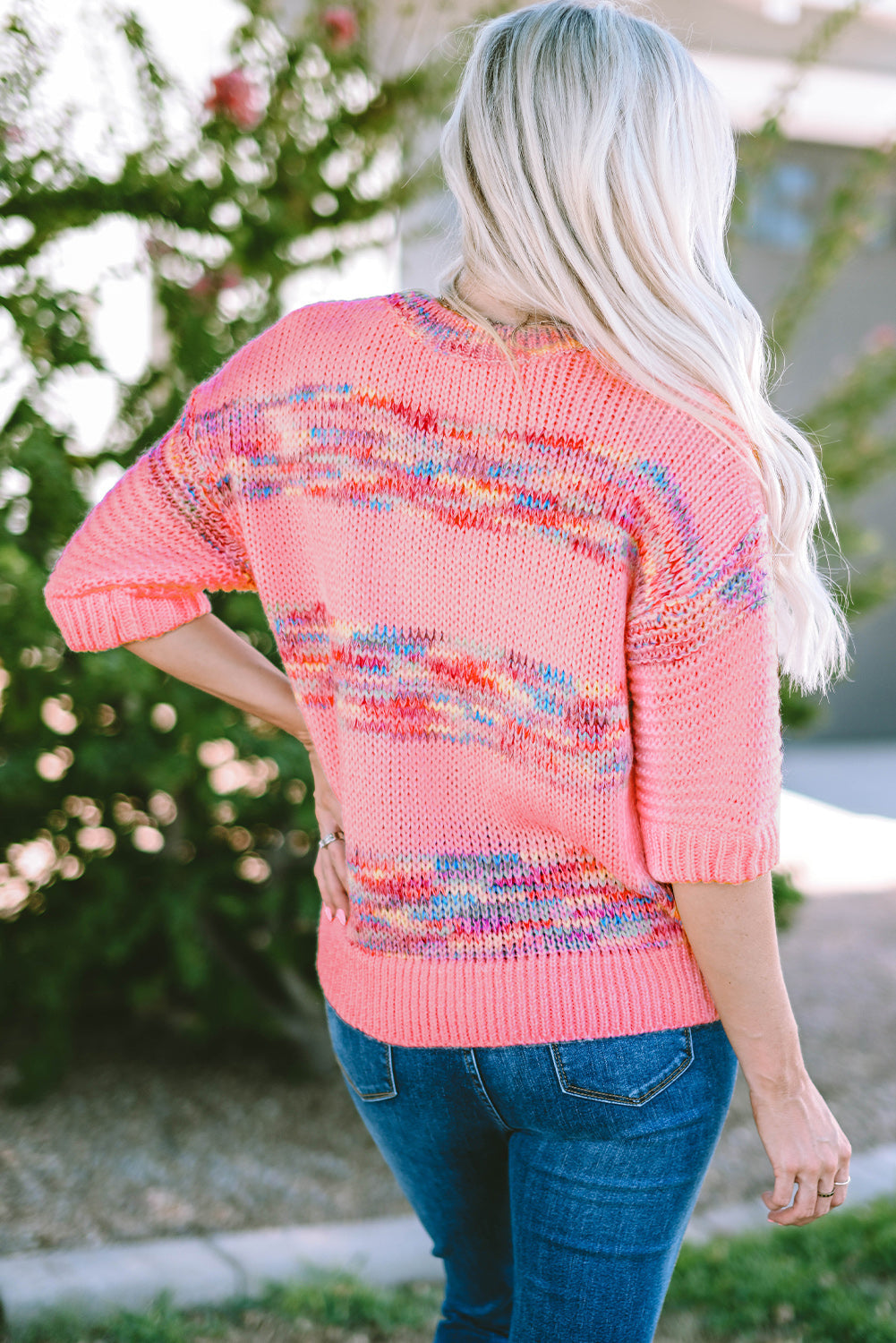 Rosa Pullover Mit Bunten Streifen Und 3/4-Ärmeln Für Frauen