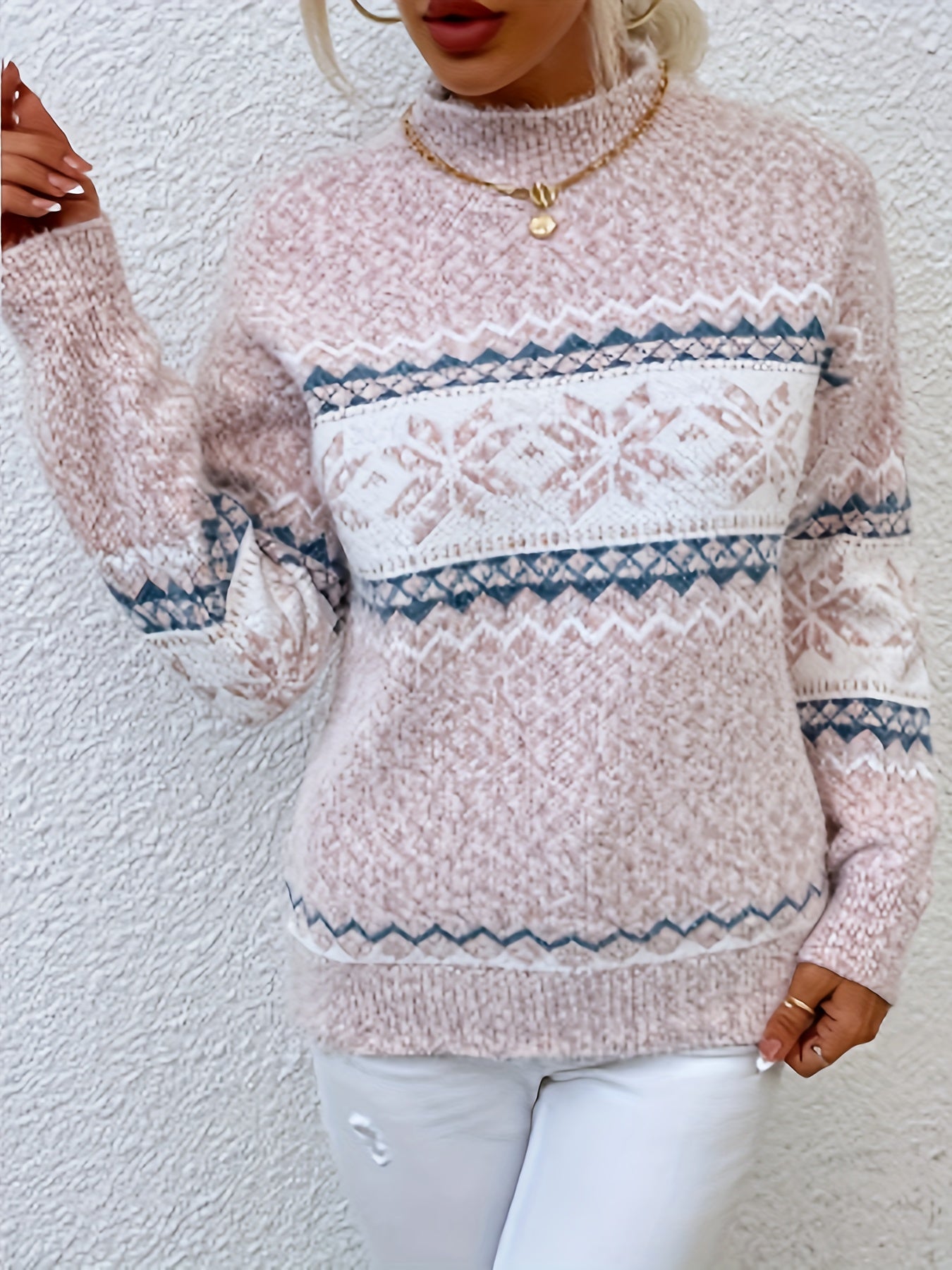 Gemütlicher Schneeflocken-Pullover Mit Stehkragen Für Frauen