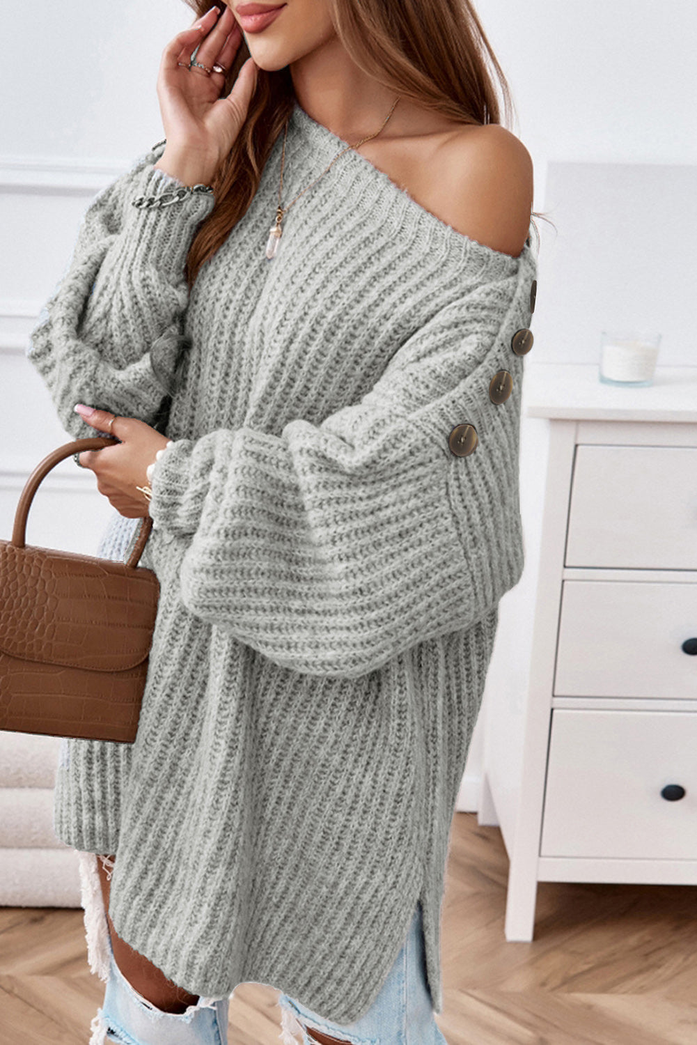 Grauer Oversize-Pullover Mit Überschnittenen Schultern Für Frauen