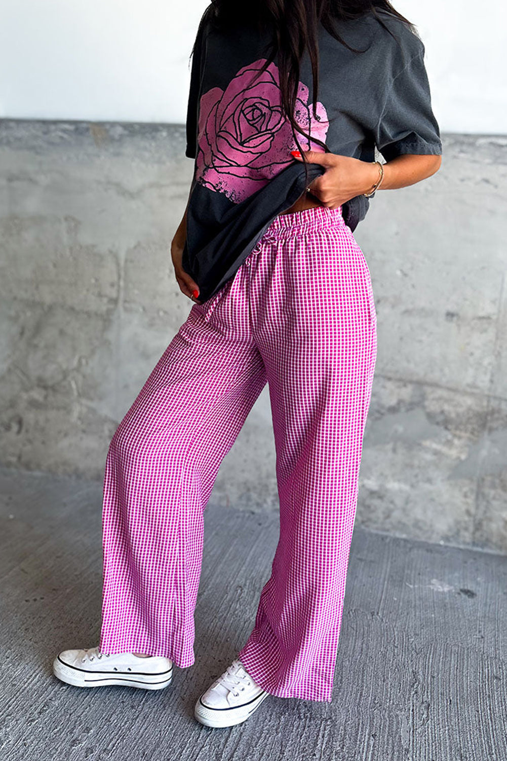 Rosa Karierte Hose mit High Waist Für Frauen