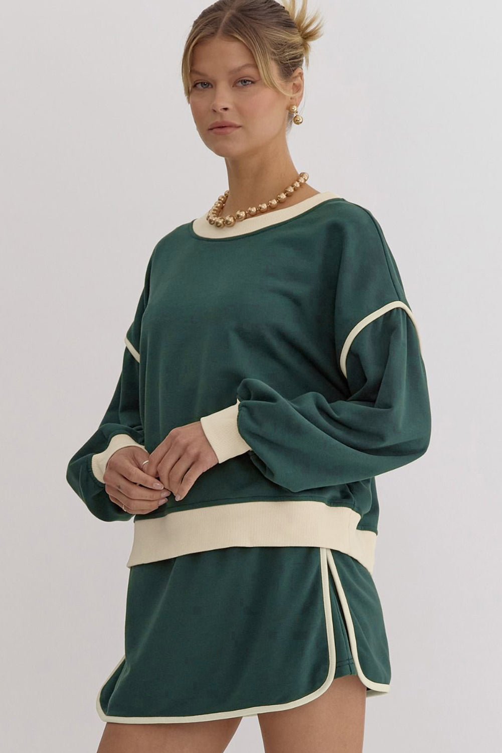 Klassisches Farbkontrast-Pullover & Rock-Shorts-Set Für Frauen