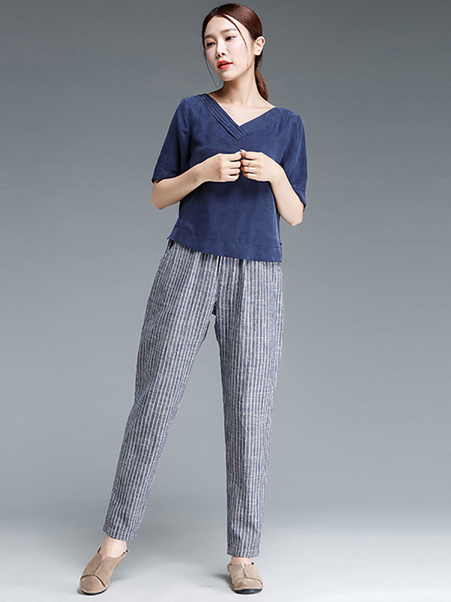 Sura | Gestreifte Baumwolle Leinen Damen Hose