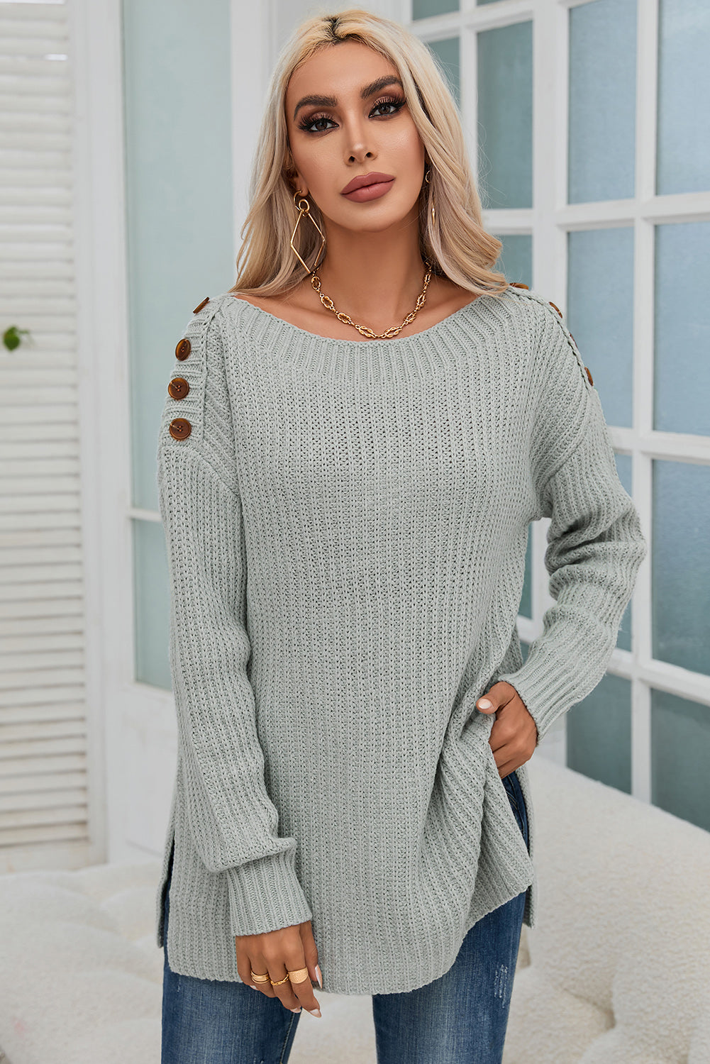Grauer Oversize-Pullover Mit Überschnittenen Schultern Für Frauen