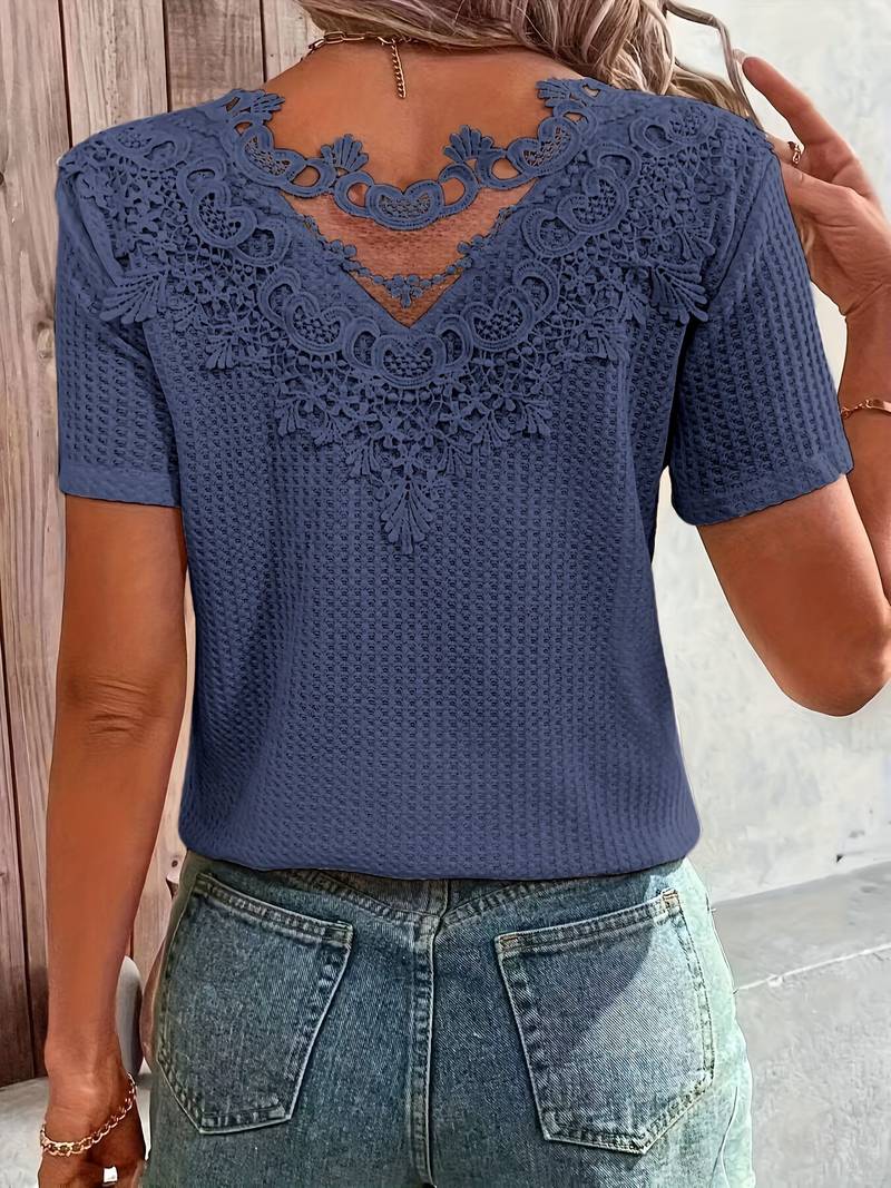 T Shirt aus kontrastierender Spitze mit Rundhalsausschnitt für Frauen