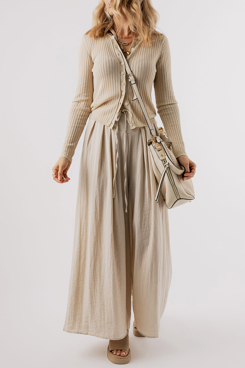 Beige Weite Hose mit Kordelzug und legerem Schnitt Für Frauen