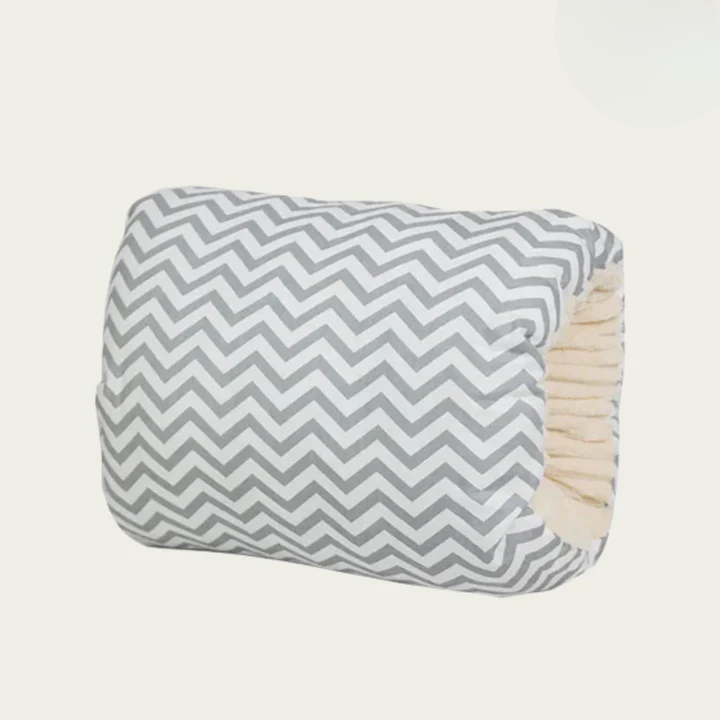 Gray chevron Arm-Stillkissen breastfeeding pillow with cream ruffle trim isolated