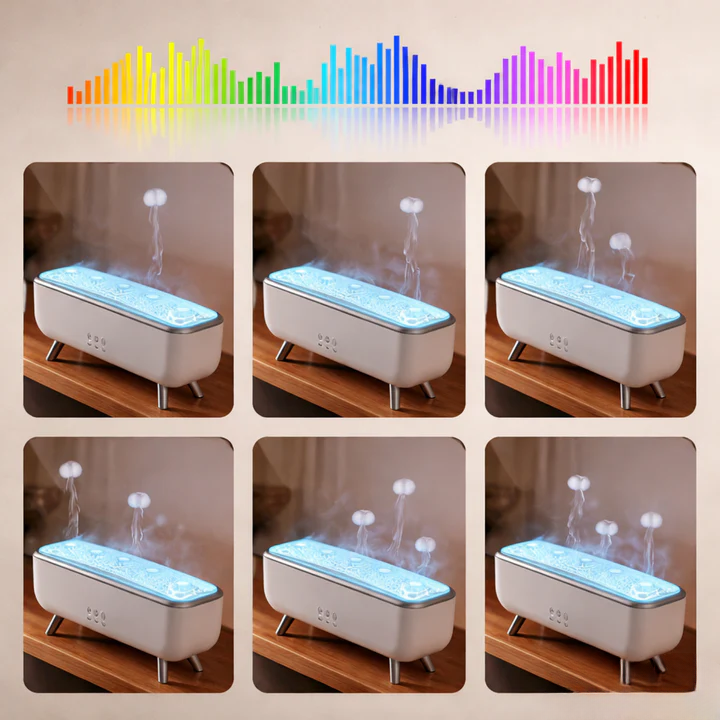 Six modes of aroma diffuser showing different jellyfish mist patterns