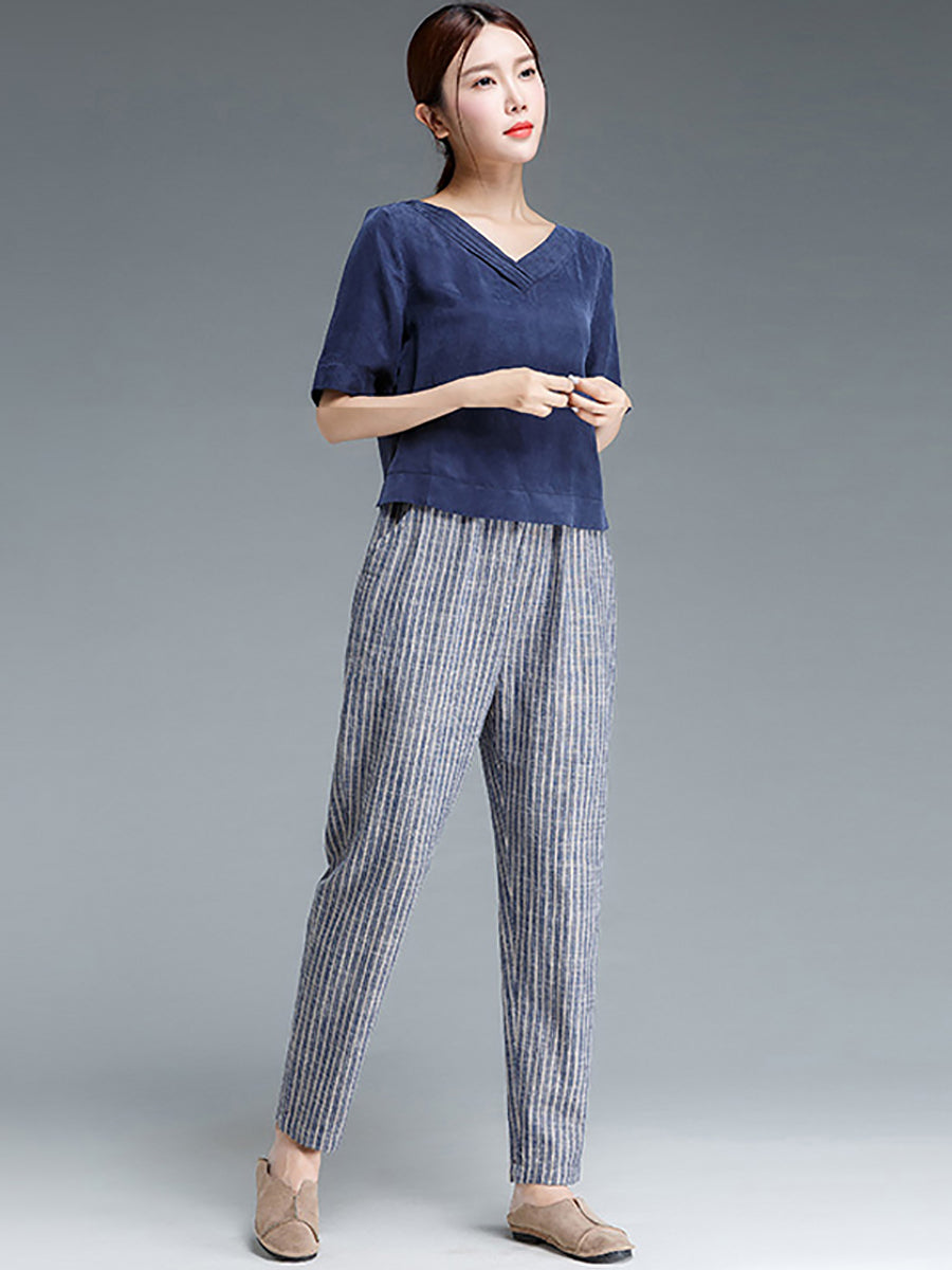 Sura | Gestreifte Baumwolle Leinen Damen Hose