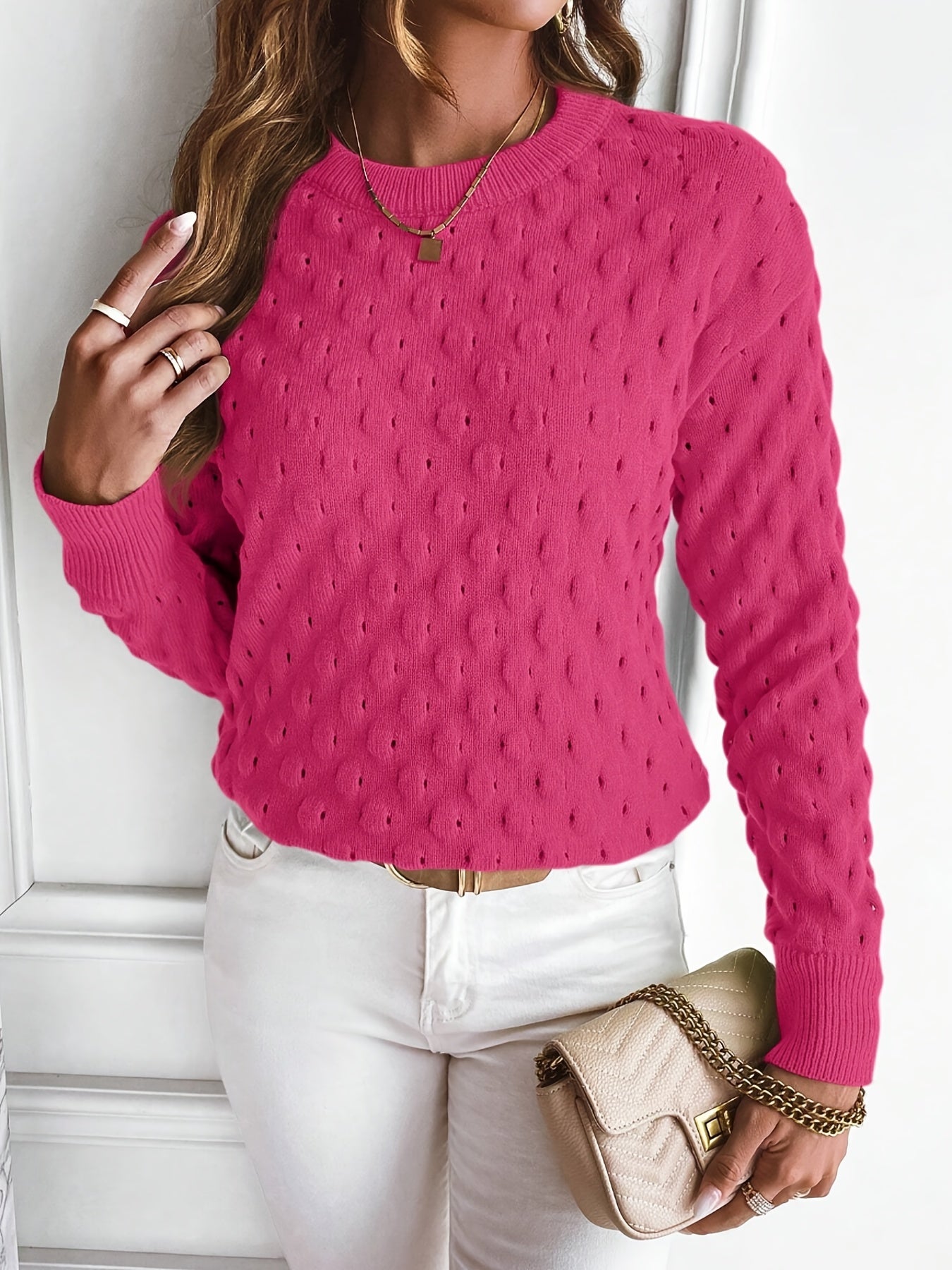 Strickpullover in Uni-Farbe mit Punktmuster Für Frauen