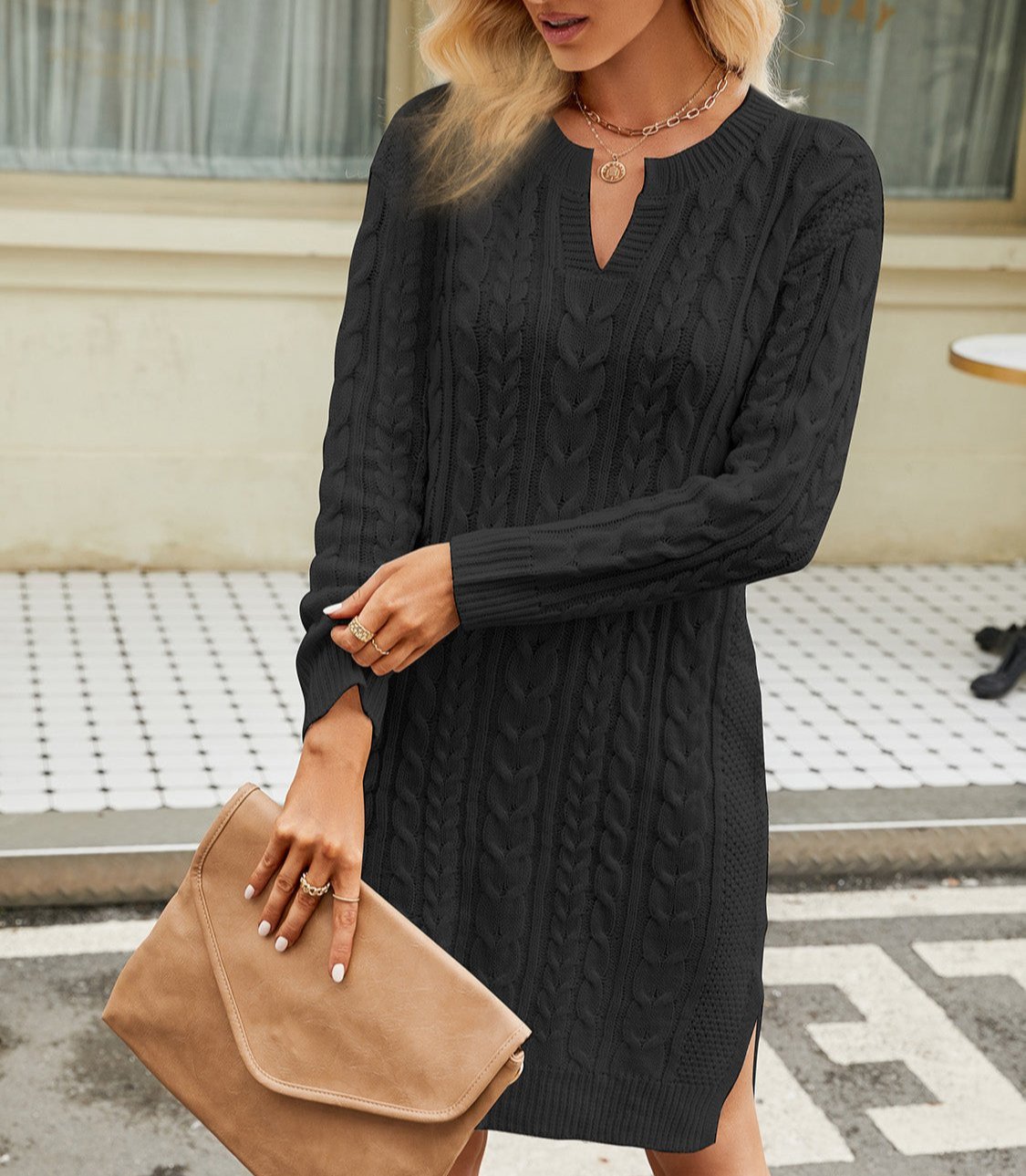 Schickes Winter-Strickkleid Mit Zopfmuster Und Schlitz Für Frauen