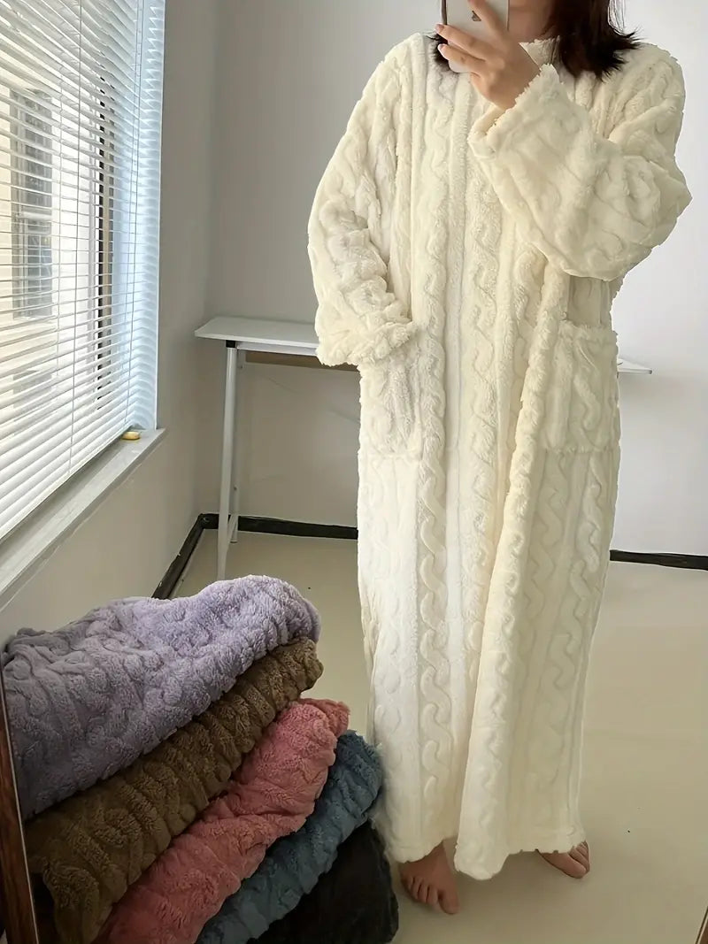 Gemütlicher Strick-Bademantel Mit Langen Ärmeln Und Taschen Für Frauen