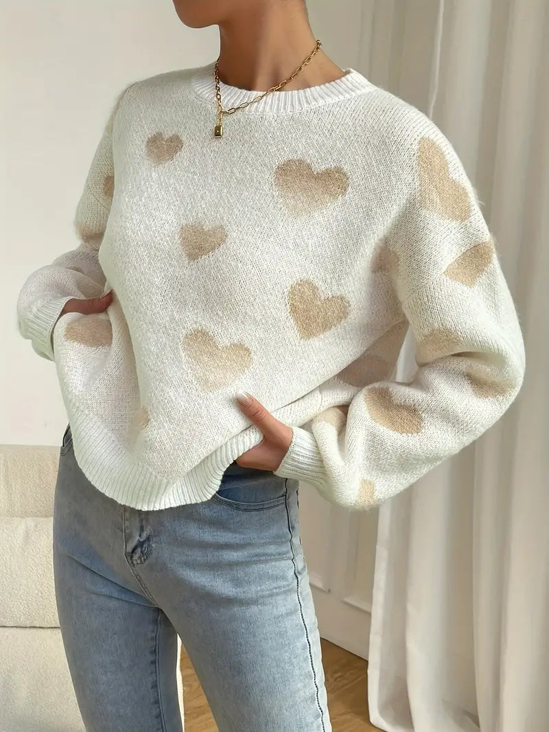 Strickpullover Mit Herzmuster Und Süßem Akzent Für Frauen
