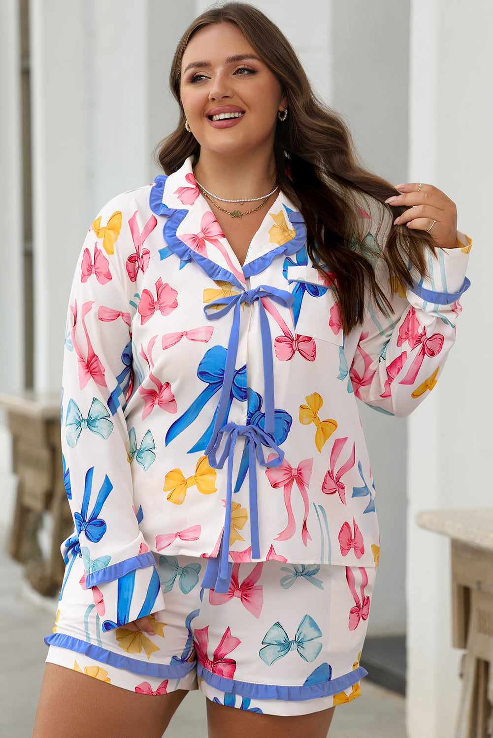 Himmelblaues Pyjama-Set mit Schleifenmuster Für Frauen
