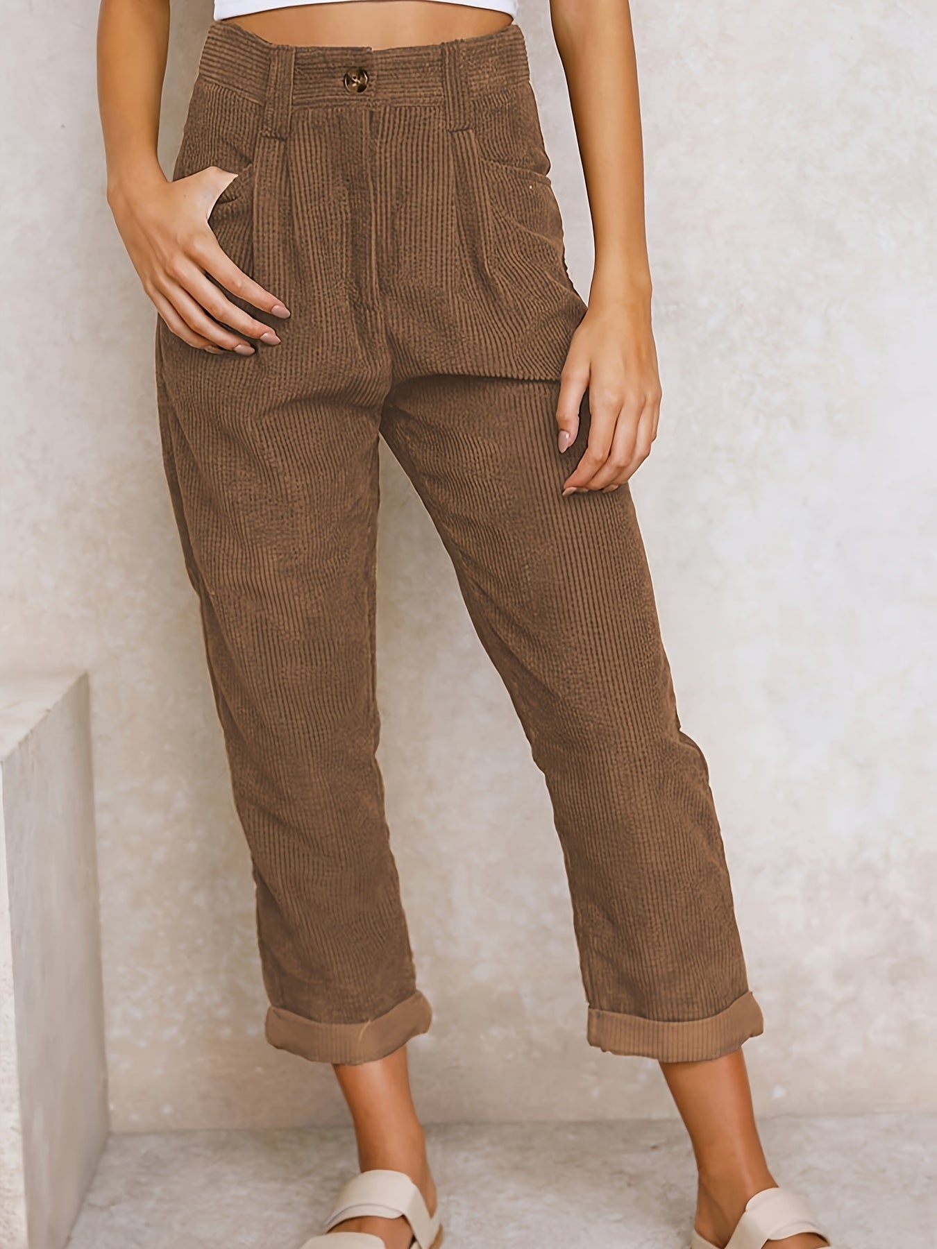 Cordhose mit hohem Bund und umgeschlagenem Saum für Frauen
